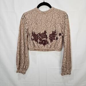 Raga Azaria [Sample] Lace Floral Open Back Crop Long Sleeve Blouse Tan XS/Small